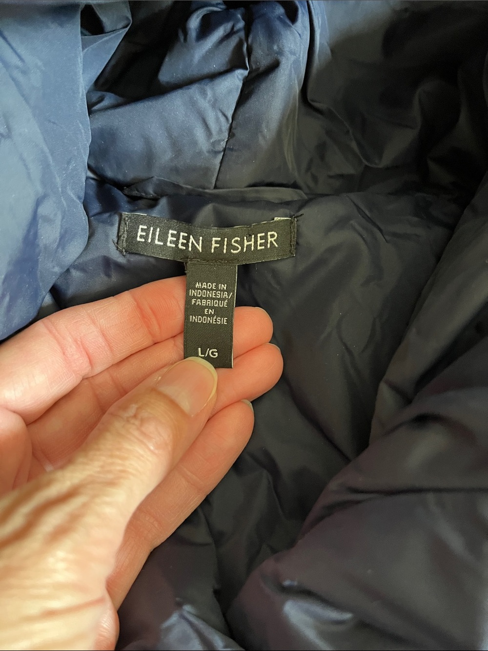 EILEEN FISHER L Blue Down Hooded Jacket Recycled Nylon Button Up Eggshell - Picture 7 of 10